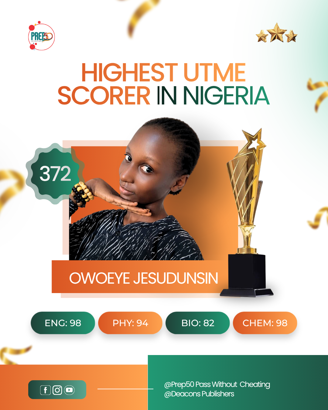 Owoeye Jesudunsin, highest UTME 2026 scorer in Nigeria with 372
