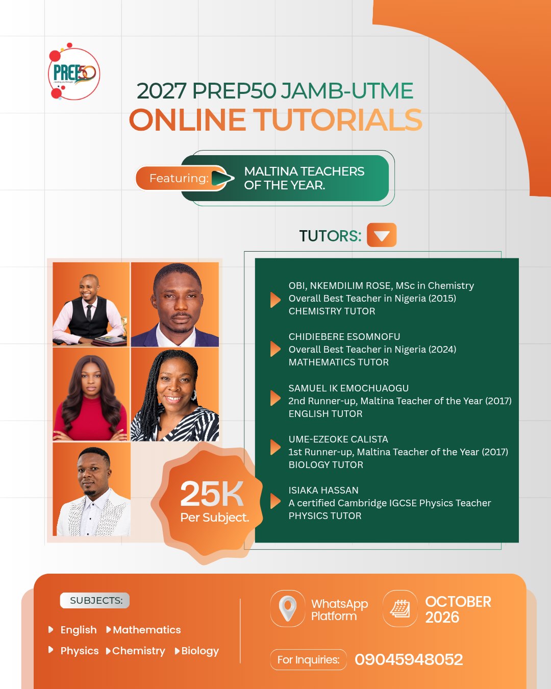 2027 Prep50 JAMB-UTME online tutorials flyer featuring Mrs Nkem Obi, Mr Chidiebube Esomnofu, Mr Samuel Ik Emochuaogu, Mrs Calista Ume-Ezeoke, Mr Isiaka Hassan