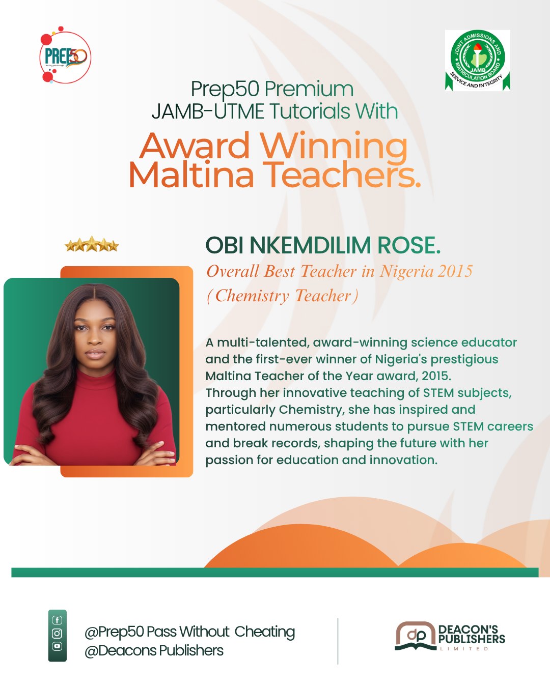 Mrs Nkem Obi, Chemistry teacher, Overall Best Teacher in Nigeria, 2015. Prep50 Premium JAMB Tutorials flyer